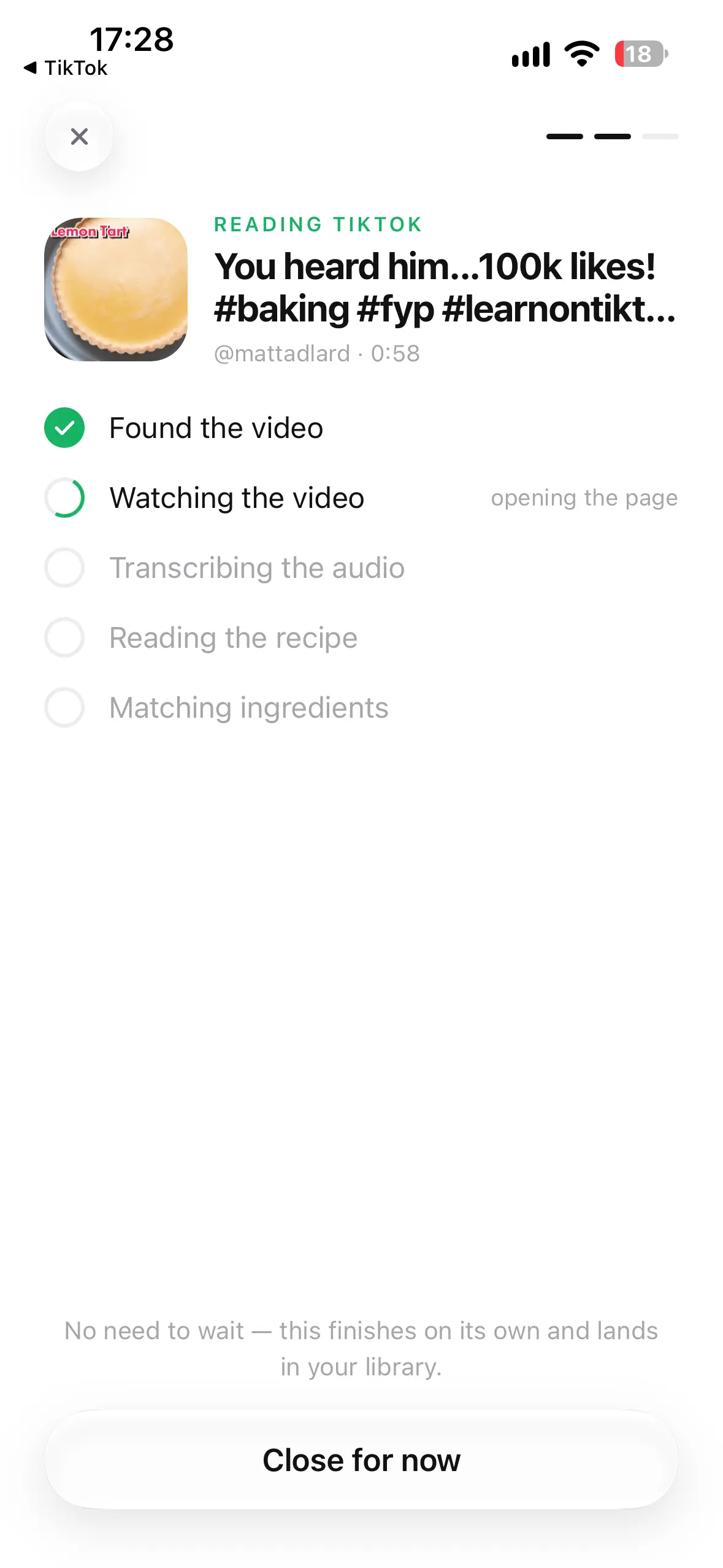 KickEats reading a TikTok video: found the video, watching it, transcribing the audio, reading the recipe.