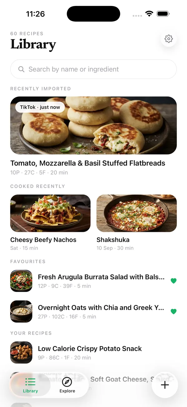 The library on iPhone: search, recently imported, cooked recently and favourites.